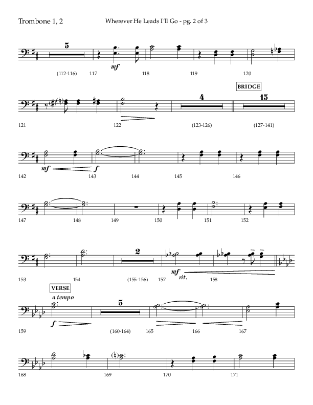 Wherever He Leads I'll Go (Choral Anthem SATB) Trombone 1/2 (Lifeway Choral / Arr. Travis Cottrell / Orch. Daniel Semsen)