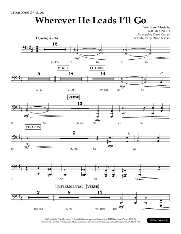 Wherever He Leads I'll Go (Choral Anthem SATB) Trombone 3/Tuba (Lifeway Choral / Arr. Travis Cottrell / Orch. Daniel Semsen)