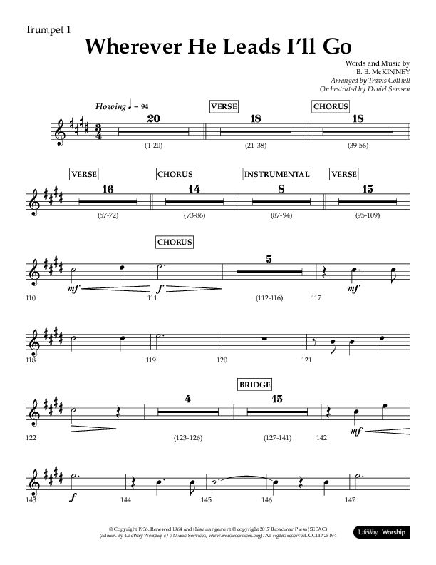 Wherever He Leads I'll Go (Choral Anthem SATB) Trumpet 1 (Lifeway Choral / Arr. Travis Cottrell / Orch. Daniel Semsen)