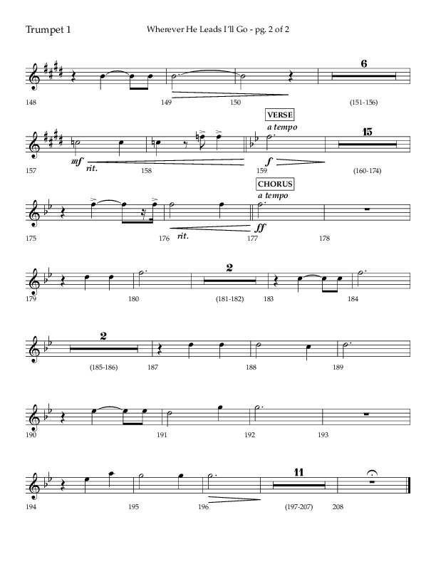 Wherever He Leads I'll Go (Choral Anthem SATB) Trumpet 1 (Lifeway Choral / Arr. Travis Cottrell / Orch. Daniel Semsen)