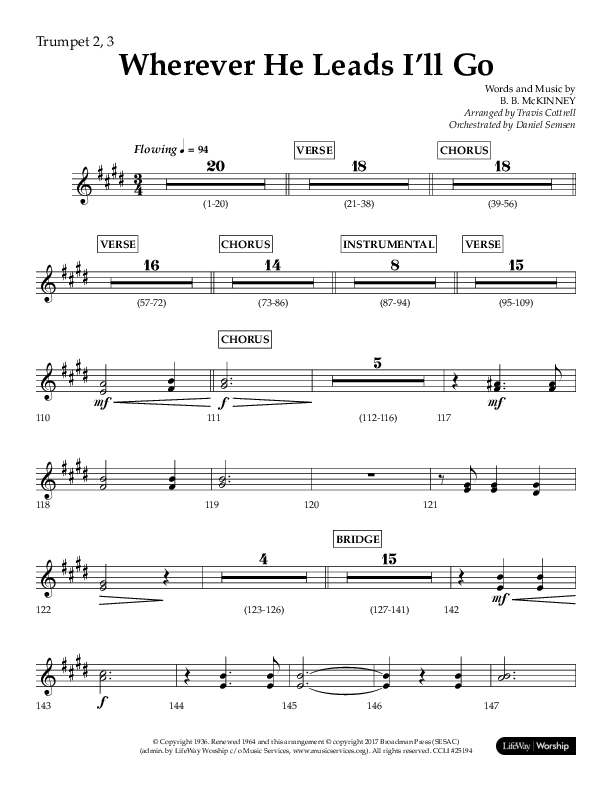 Wherever He Leads I'll Go (Choral Anthem SATB) Trumpet 2/3 (Lifeway Choral / Arr. Travis Cottrell / Orch. Daniel Semsen)
