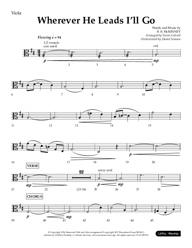 Wherever He Leads I'll Go (Choral Anthem SATB) Viola (Lifeway Choral / Arr. Travis Cottrell / Orch. Daniel Semsen)