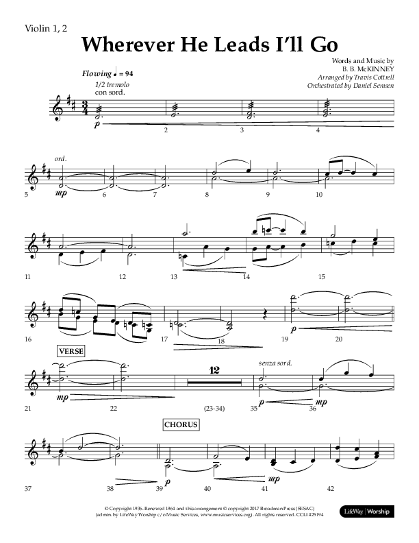 Wherever He Leads I'll Go (Choral Anthem SATB) Violin 1/2 (Lifeway Choral / Arr. Travis Cottrell / Orch. Daniel Semsen)