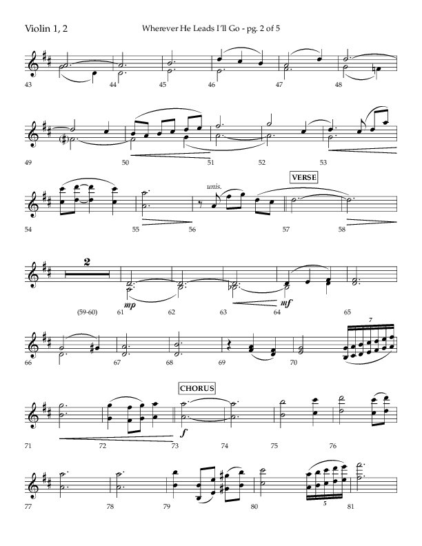 Wherever He Leads I'll Go (Choral Anthem SATB) Violin 1/2 (Lifeway Choral / Arr. Travis Cottrell / Orch. Daniel Semsen)