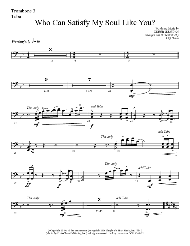 Who Can Satisfy My Soul Like You (Choral Anthem SATB) Trombone 3/Tuba (Lifeway Choral / Arr. Cliff Duren)