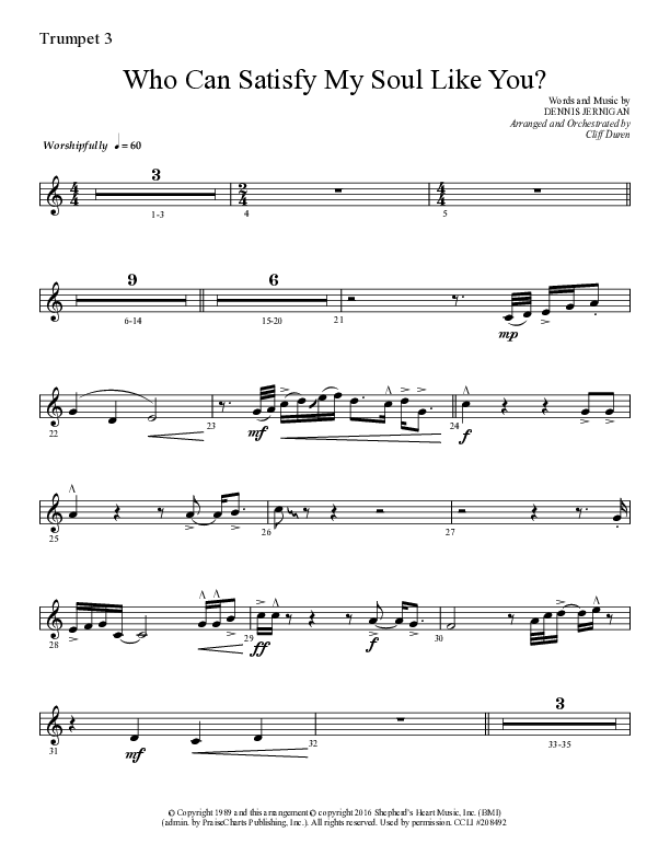 Who Can Satisfy My Soul (Choral Anthem SATB) Trumpet 3 (Lifeway Choral / Arr. Cliff Duren)