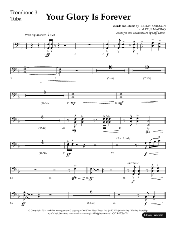 Your Glory Is Forever (Choral Anthem SATB) Trombone 3/Tuba (Lifeway Choral / Arr. Cliff Duren)