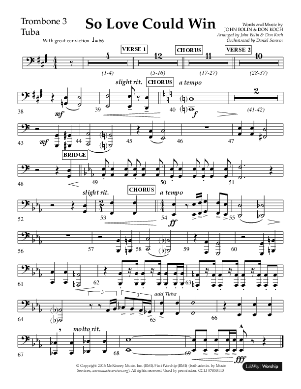 So Love Could Win (Choral Anthem SATB) Trombone 3/Tuba (Lifeway Choral / Arr. John Bolin / Don Koch / Orch. Daniel Semsen)