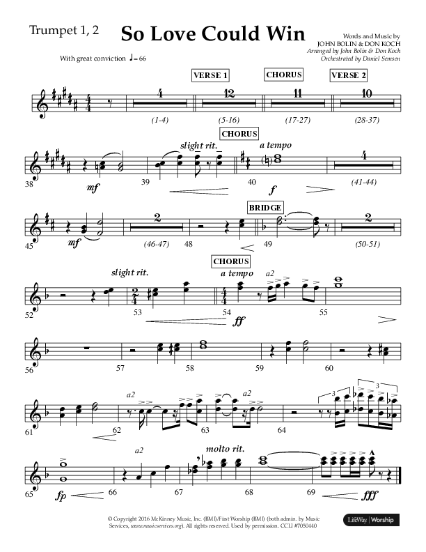 So Love Could Win (Choral Anthem SATB) Trumpet 1,2 (Lifeway Choral / Arr. John Bolin / Don Koch / Orch. Daniel Semsen)