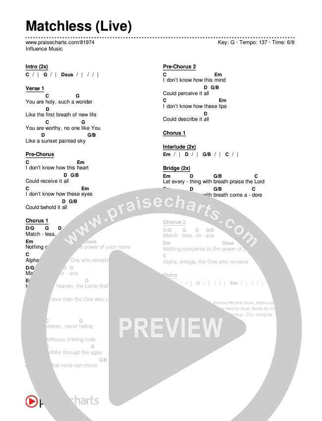 Matchless (Live) Chords & Lyrics (Influence Music)
