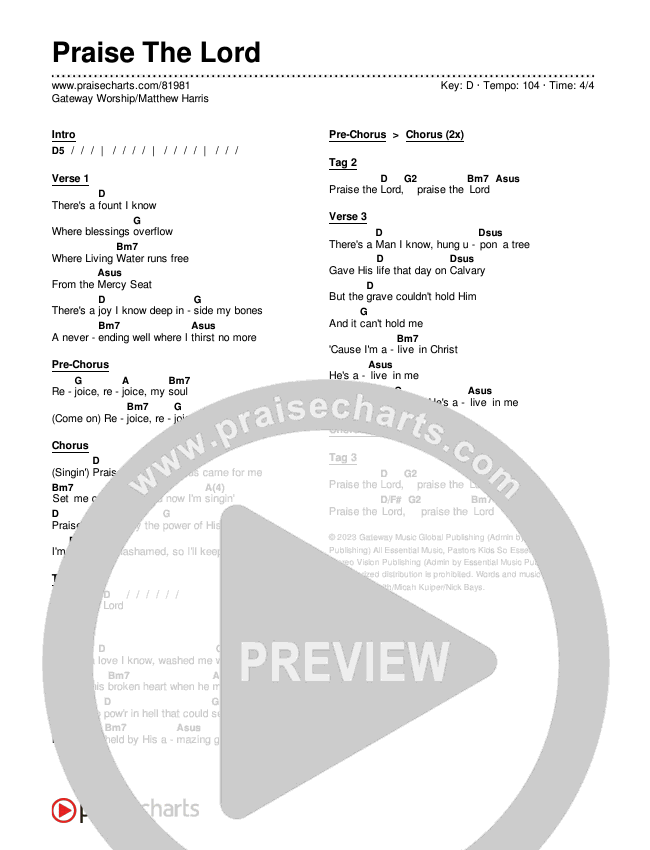 Praise The Lord (Live) Chords & Lyrics (Gateway Worship / Matthew Harris)