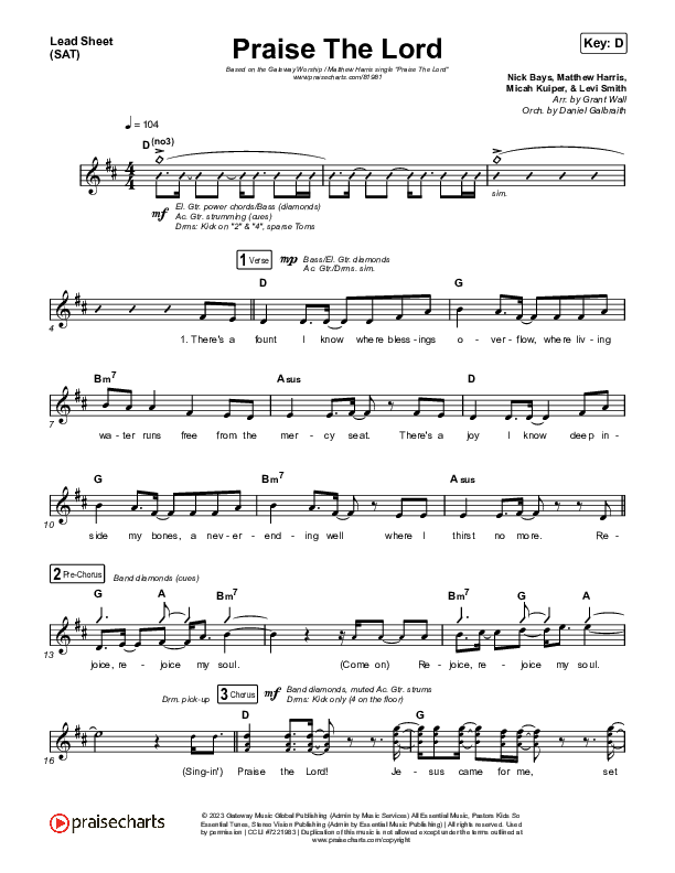 Praise The Lord (Live) Lead Sheet (SAT) (Gateway Worship / Matthew Harris)