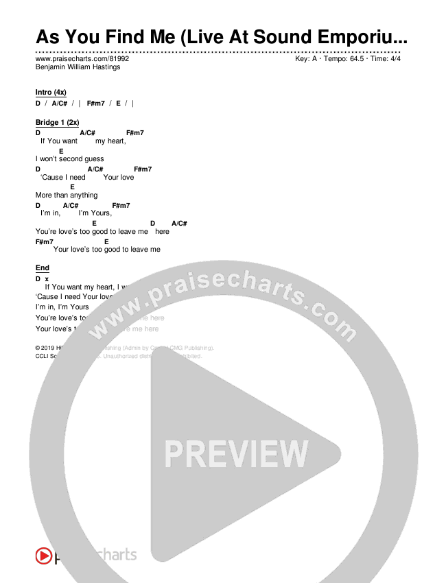 As You Find Me (Live At Sound Emporium) Chords & Lyrics (Benjamin William Hastings)