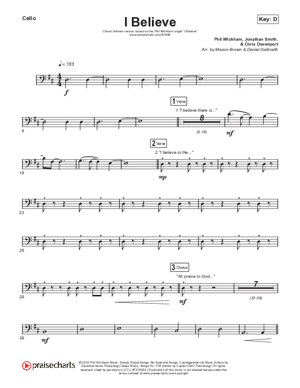 I Believe (Choral Anthem SATB) Cello (Phil Wickham / Arr. Mason Brown)