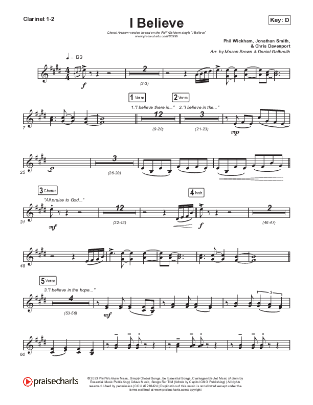 I Believe (Choral Anthem SATB) Clarinet 1,2 (Phil Wickham / Arr. Mason Brown)