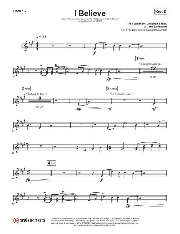 I Believe (Choral Anthem SATB) French Horn 1,2 (Phil Wickham / Arr. Mason Brown)
