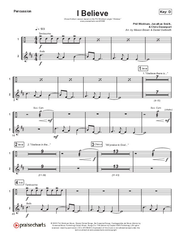 I Believe (Choral Anthem SATB) Percussion (Phil Wickham / Arr. Mason Brown)