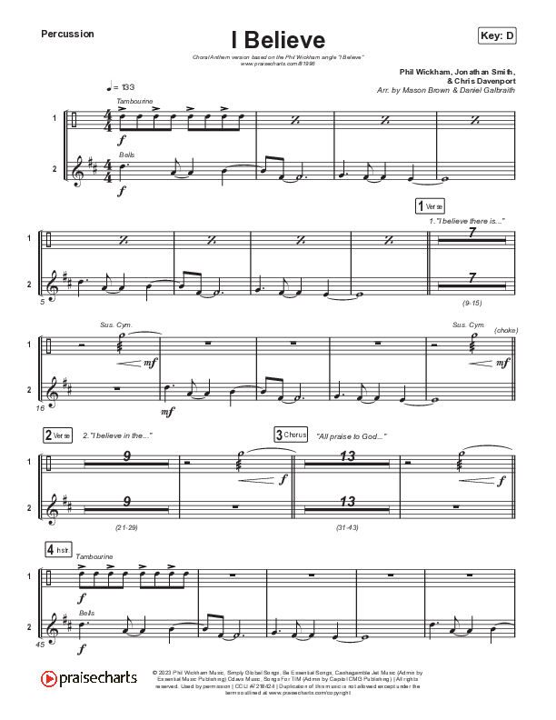 I Believe (Choral Anthem SATB) Percussion (Phil Wickham / Arr. Mason Brown)