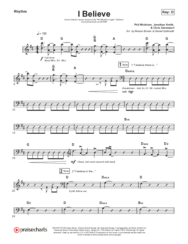 I Believe (Choral Anthem SATB) Rhythm Chart (Phil Wickham / Arr. Mason Brown)
