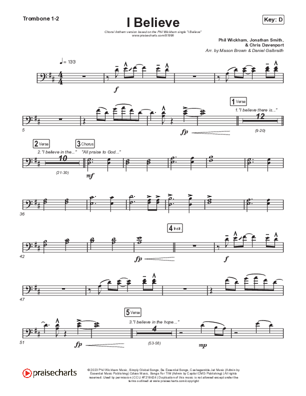 I Believe (Choral Anthem SATB) Trombone 1/2 (Phil Wickham / Arr. Mason Brown)