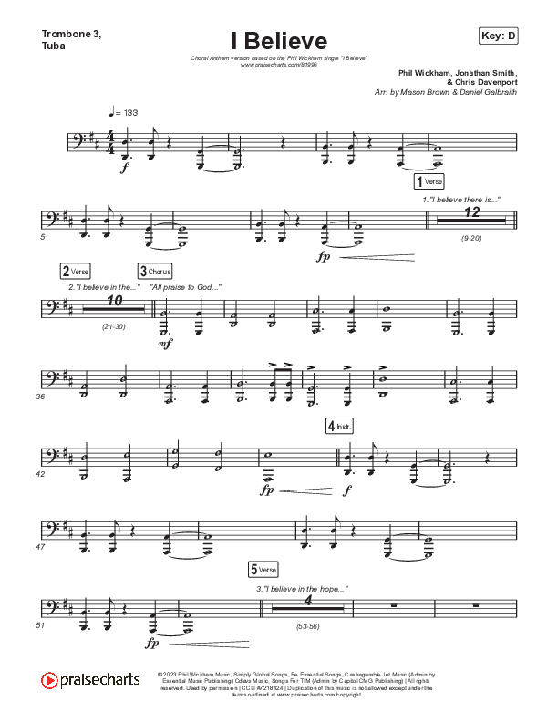 I Believe (Choral Anthem SATB) Trombone 3/Tuba (Phil Wickham / Arr. Mason Brown)
