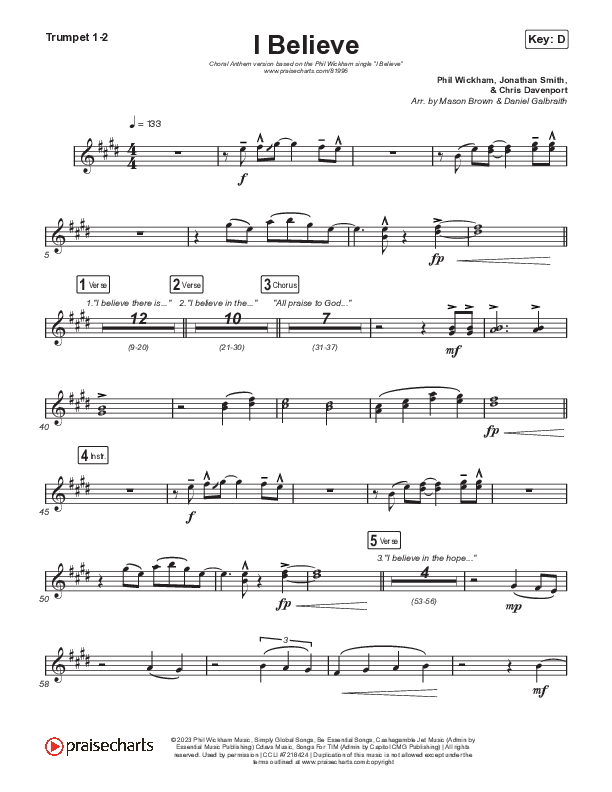 I Believe (Choral Anthem SATB) Trumpet 1,2 (Phil Wickham / Arr. Mason Brown)