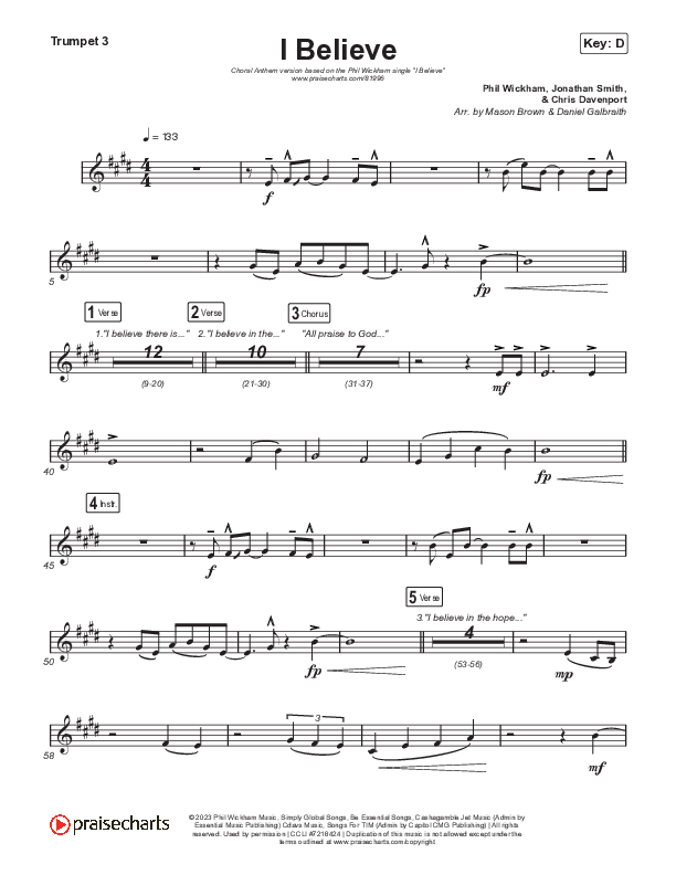 I Believe (Choral Anthem SATB) Trumpet 3 (Phil Wickham / Arr. Mason Brown)
