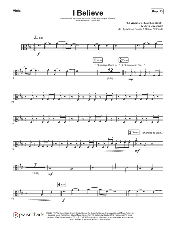 I Believe (Choral Anthem SATB) Viola (Phil Wickham / Arr. Mason Brown)