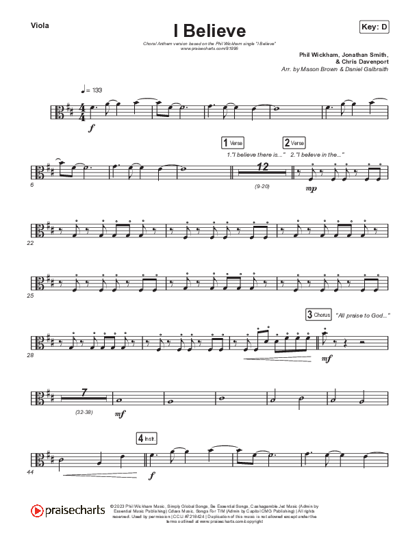 I Believe (Choral Anthem SATB) Viola (Phil Wickham / Arr. Mason Brown)