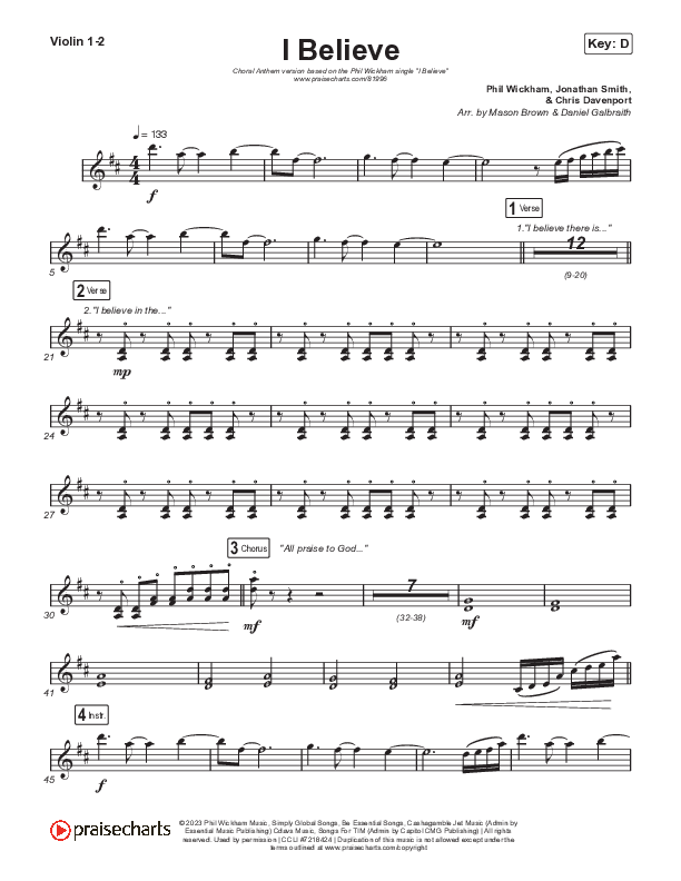 I Believe (Choral Anthem SATB) Violin 1,2 (Phil Wickham / Arr. Mason Brown)