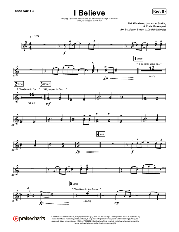 I Believe (Worship Choir/SAB) Tenor Sax 1/2 (Phil Wickham / Arr. Mason Brown)