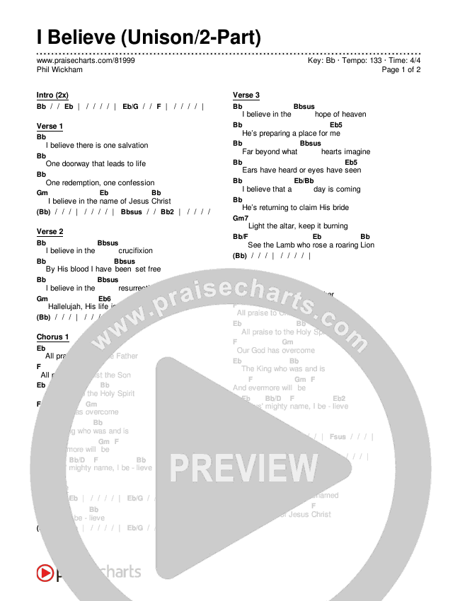 I Believe (Unison/2-Part) Chords & Lyrics (Phil Wickham)
