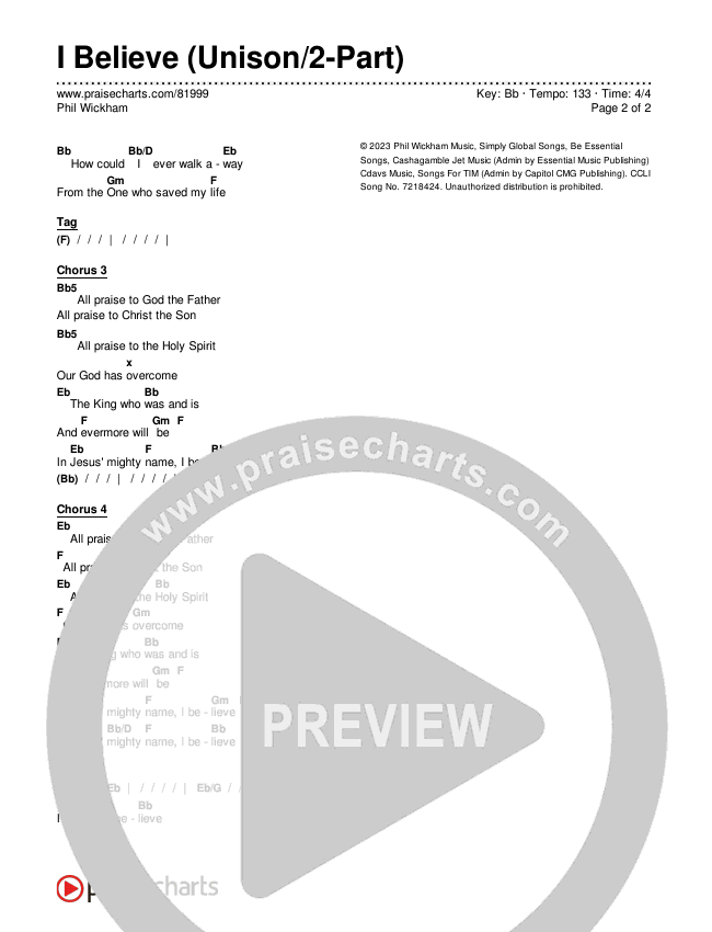 I Believe (Unison/2-Part) Chords & Lyrics (Phil Wickham)