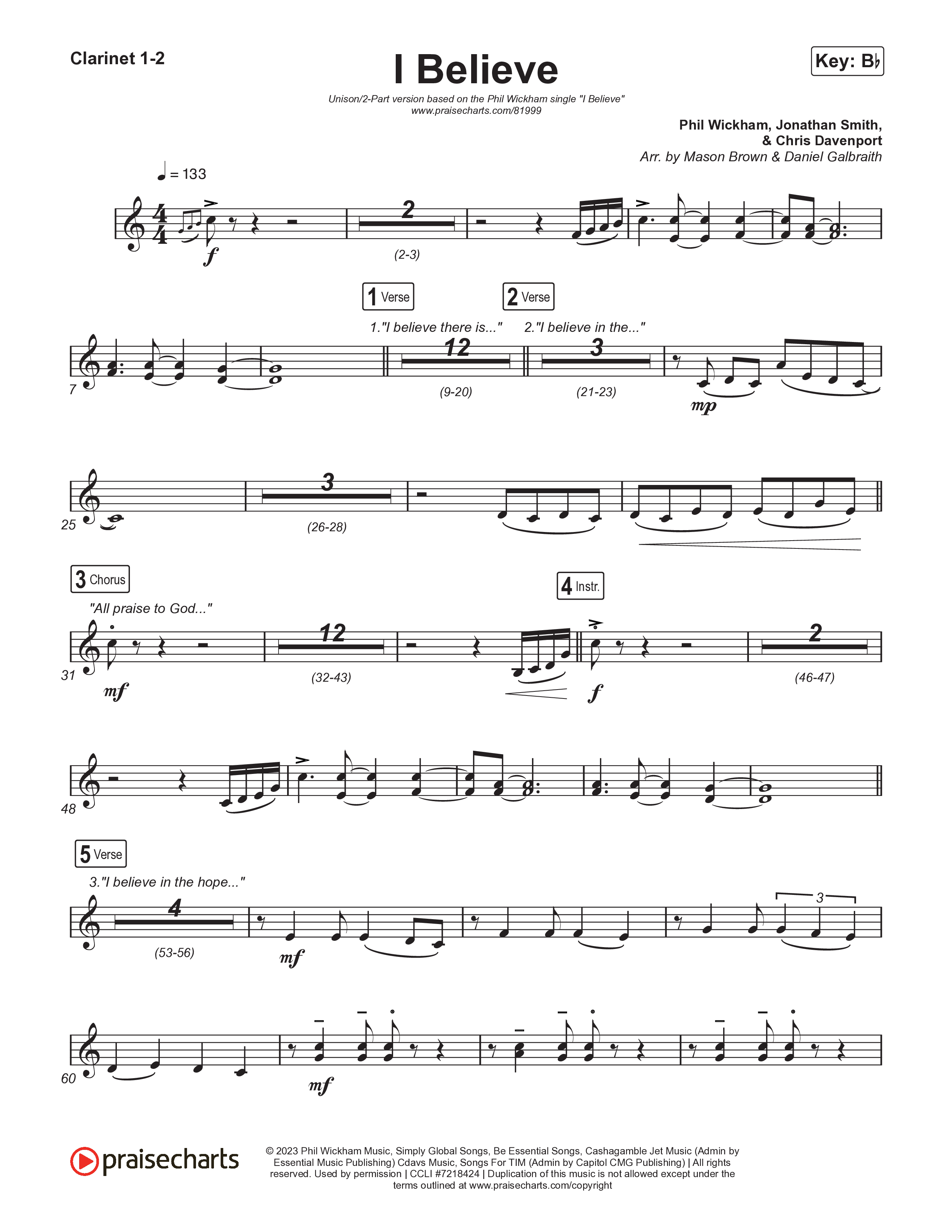 I Believe (Unison/2-Part) Clarinet 1/2 (Phil Wickham)