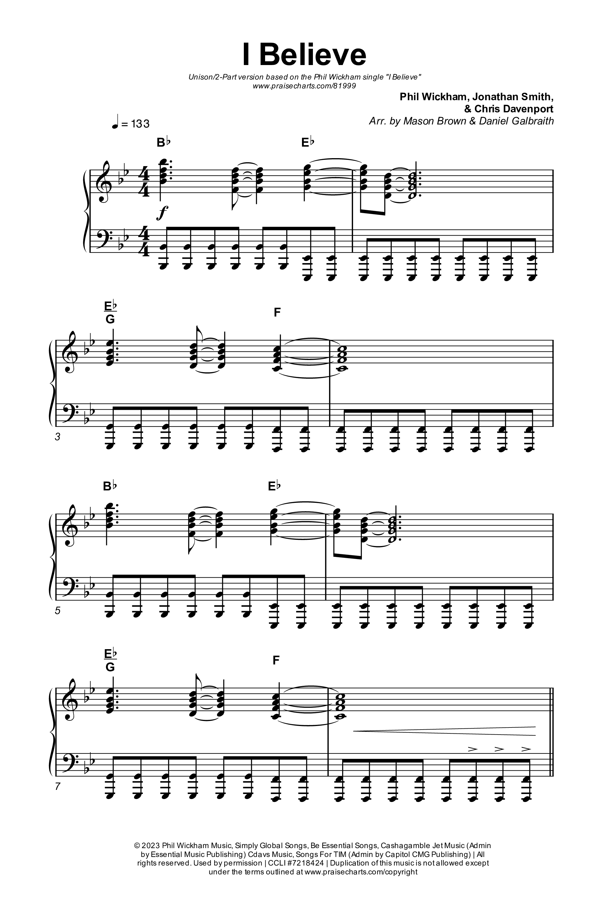 I Believe (Unison/2-Part) Octavo (Uni/2-Part & Pno) (Phil Wickham)