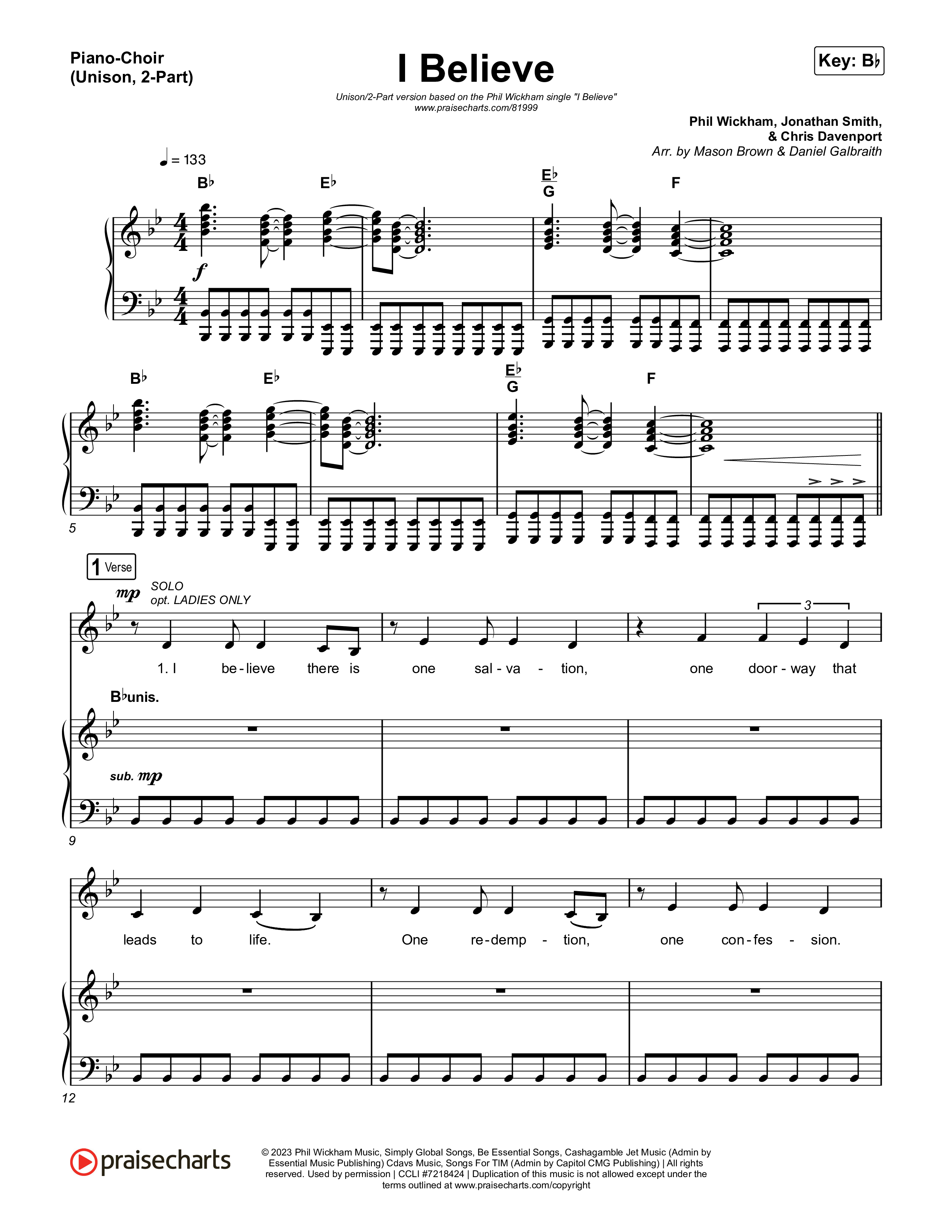 I Believe (Unison/2-Part) Piano/Choir  (Uni/2-Part) (Phil Wickham)