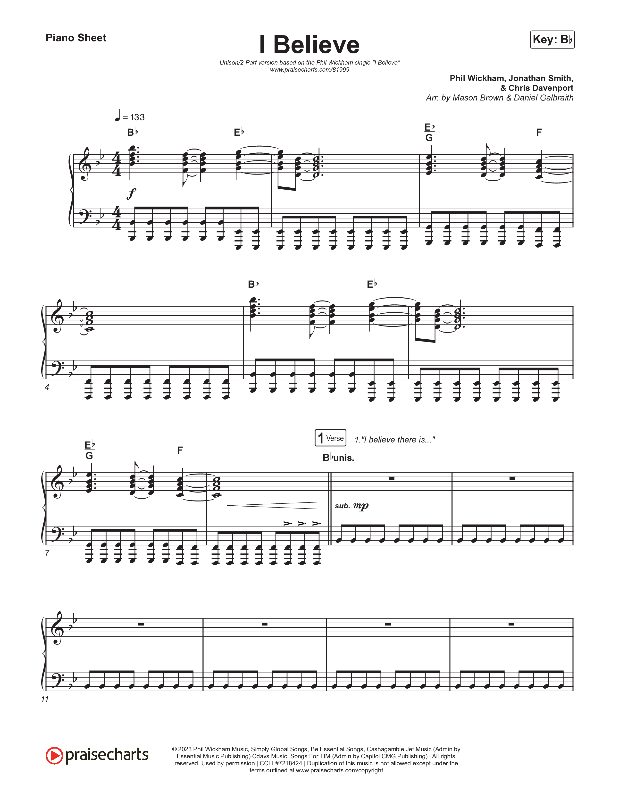 I Believe (Unison/2-Part) Piano Sheet (Phil Wickham)