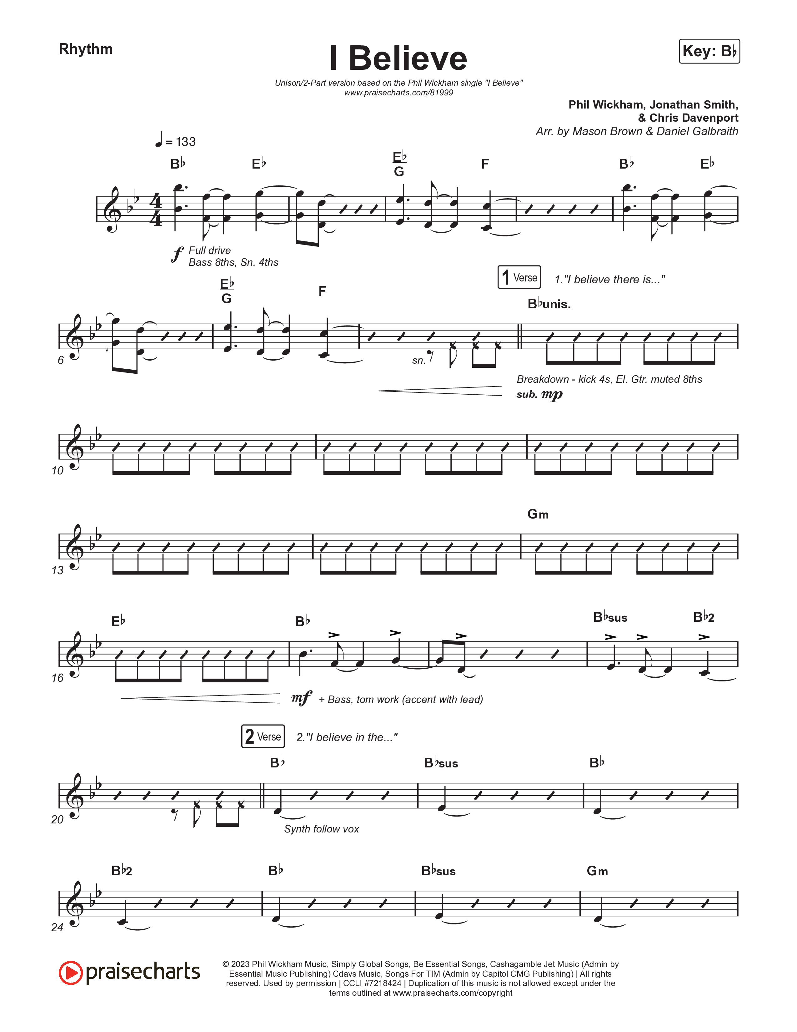 I Believe (Unison/2-Part) Rhythm Chart (Phil Wickham)