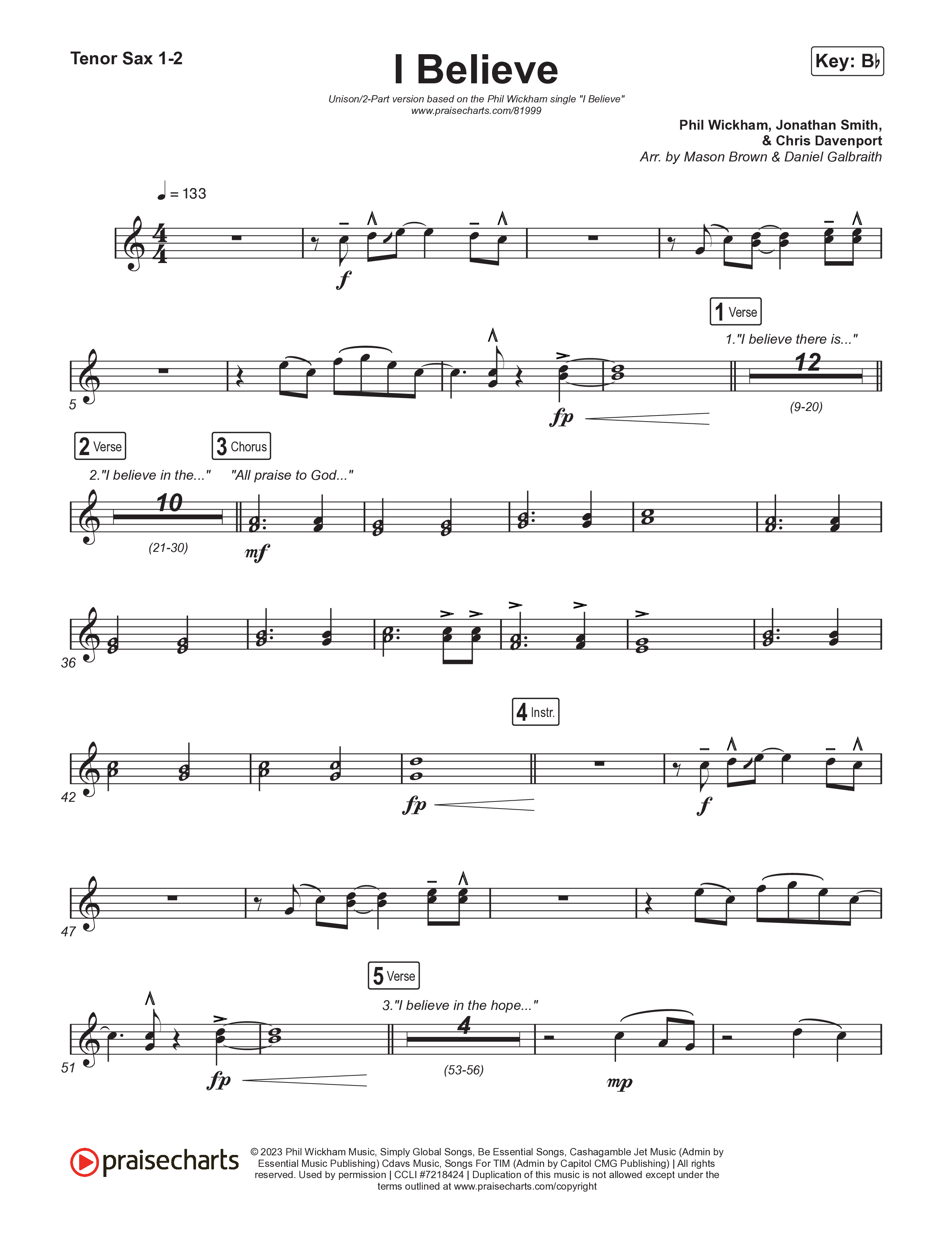 I Believe (Unison/2-Part) Tenor Sax 1/2 (Phil Wickham)