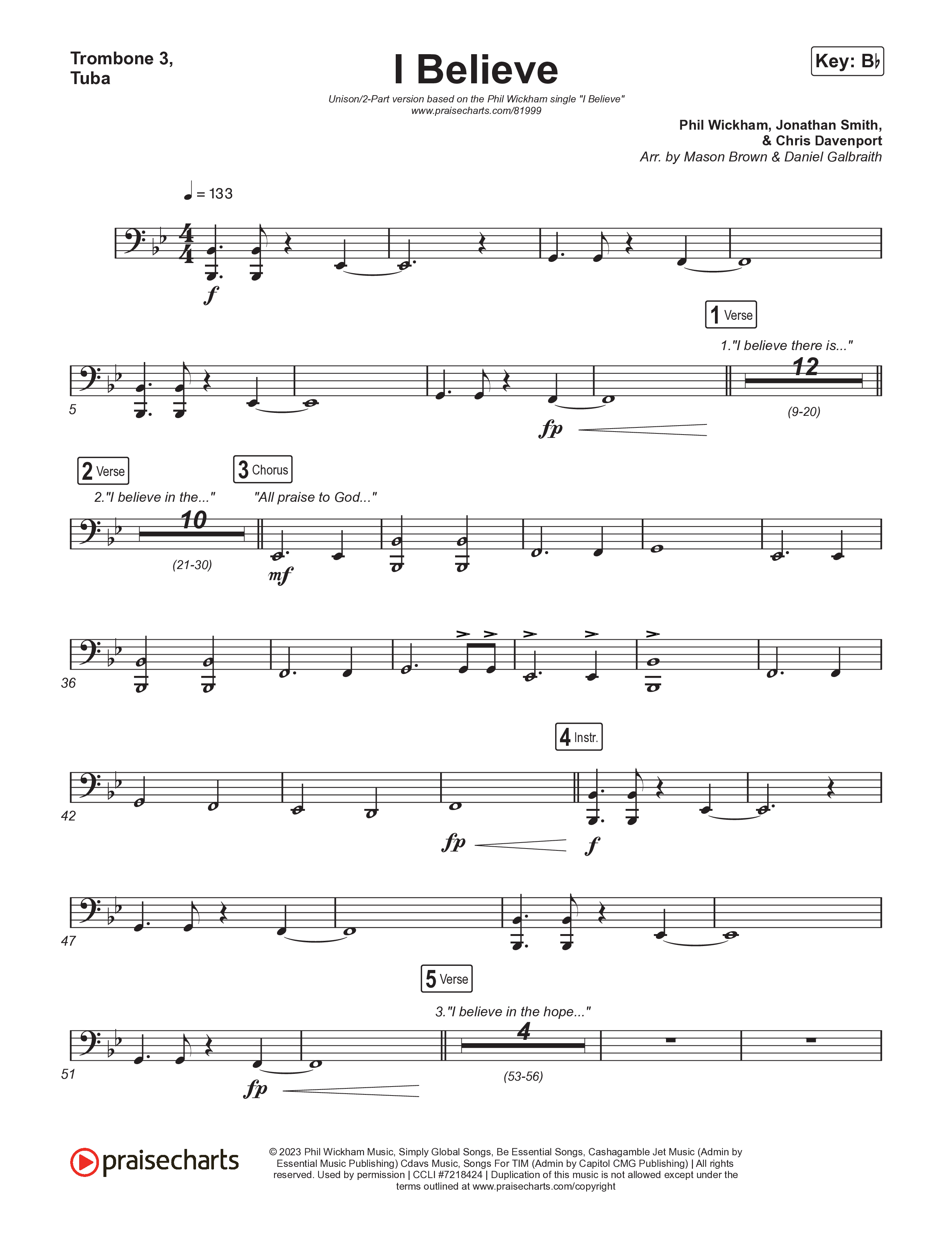 I Believe (Unison/2-Part) Trombone 3/Tuba (Phil Wickham)