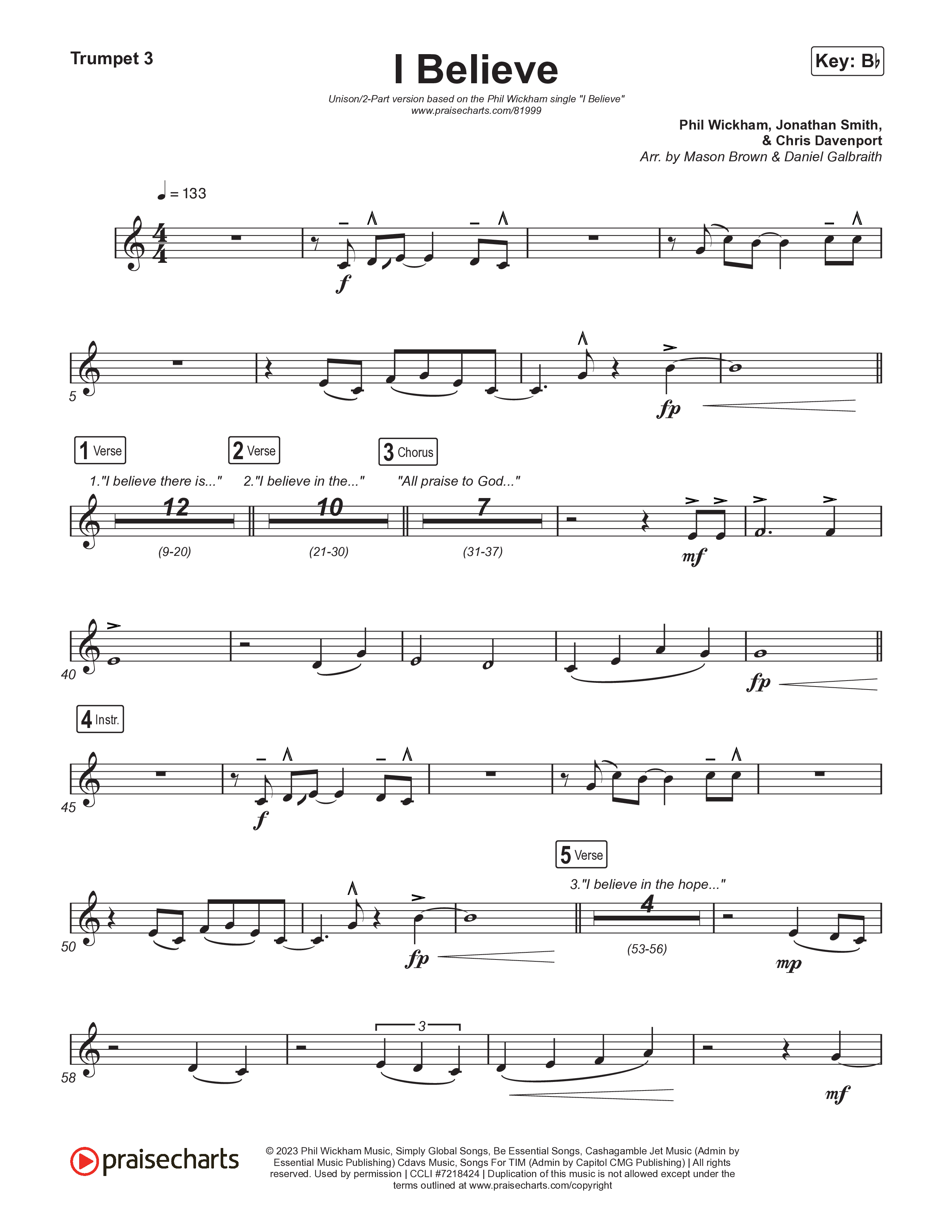 I Believe (Unison/2-Part) Trumpet 3 (Phil Wickham)