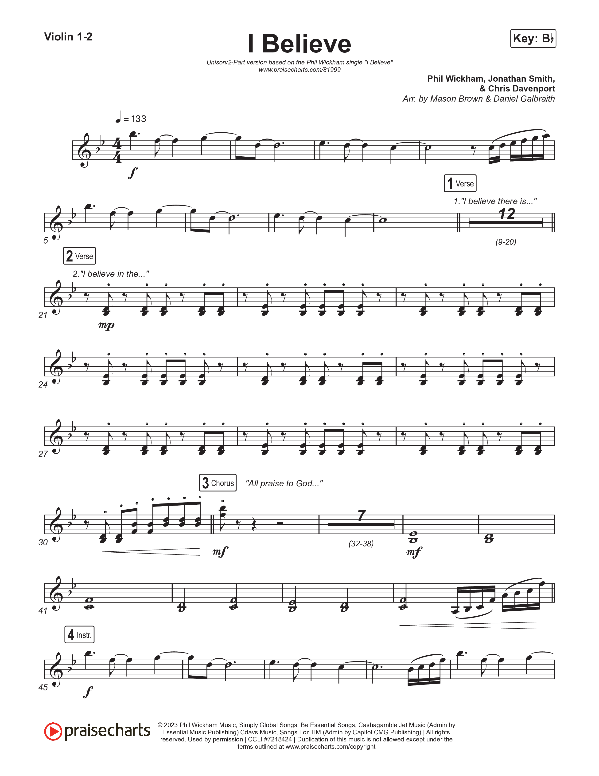 I Believe (Unison/2-Part) Violin 1/2 (Phil Wickham)