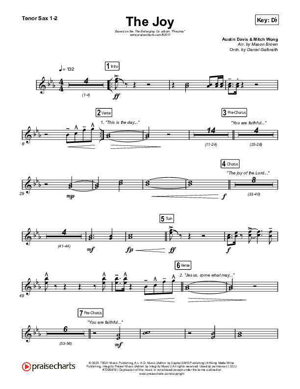 The Joy (Live) Tenor Sax 1,2 (The Belonging Co / Andrew Holt)