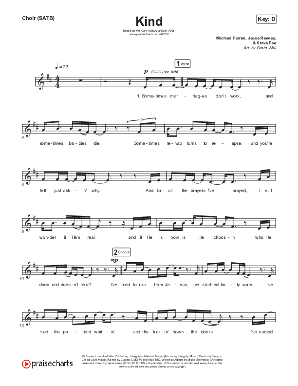 Kind Choir Sheet (SATB) (Cory Asbury)