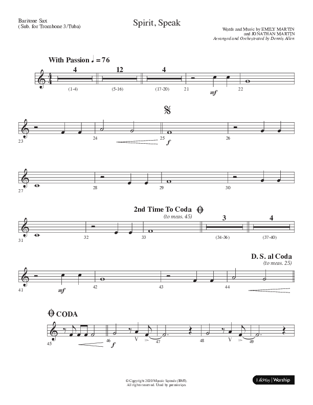 Spirit Speak (Choral Anthem SATB) Bari Sax (Lifeway Choral / Arr. Dennis Allen)