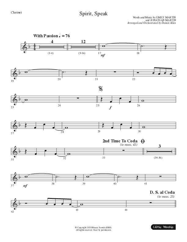 Spirit Speak (Choral Anthem SATB) Clarinet (Lifeway Choral / Arr. Dennis Allen)