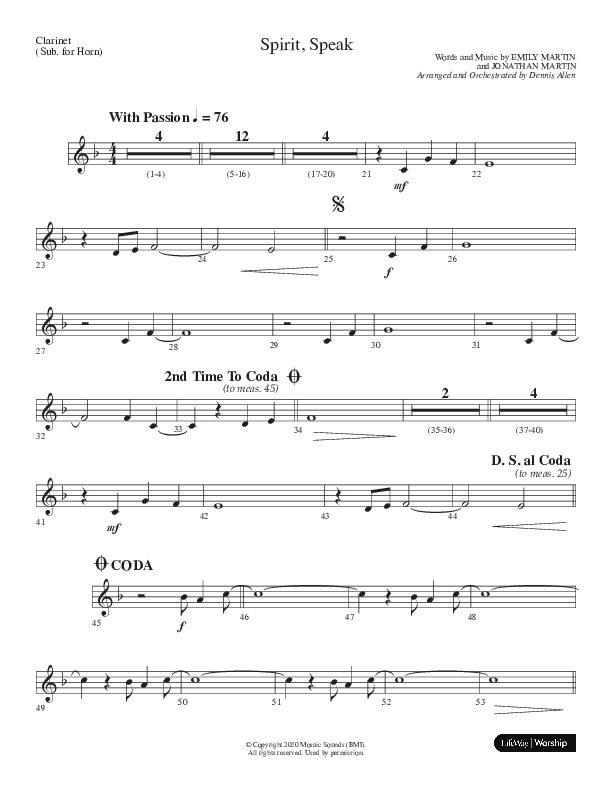 Spirit Speak (Choral Anthem SATB) Clarinet (Lifeway Choral / Arr. Dennis Allen)