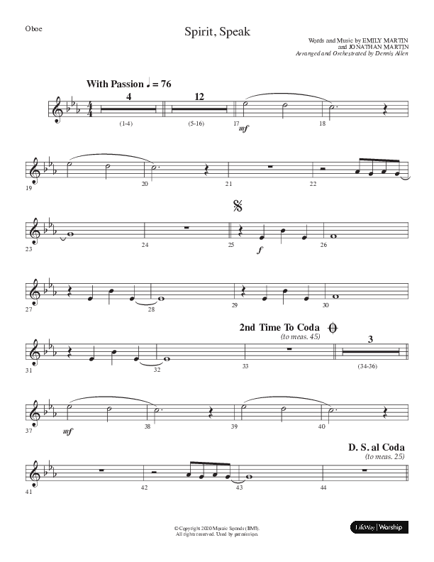 Spirit Speak (Choral Anthem SATB) Oboe (Lifeway Choral / Arr. Dennis Allen)