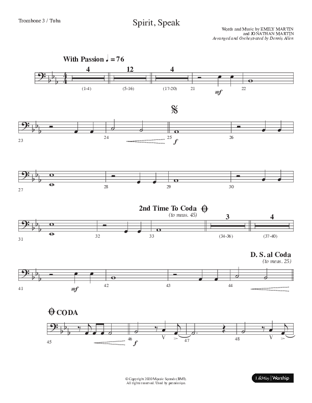 Spirit Speak (Choral Anthem SATB) Trombone 3/Tuba (Lifeway Choral / Arr. Dennis Allen)