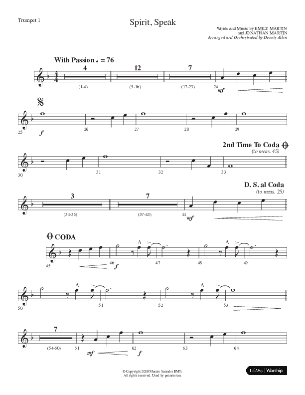 Spirit Speak (Choral Anthem SATB) Trumpet 1 (Lifeway Choral / Arr. Dennis Allen)